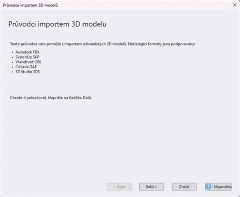 Import dialog 3D modelu a volba kategorie