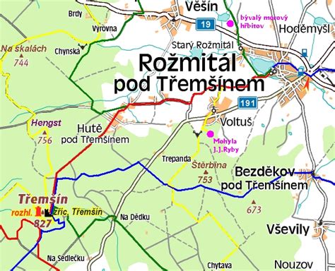 mapa Rožmitál pod Třemšínem a blízké obce