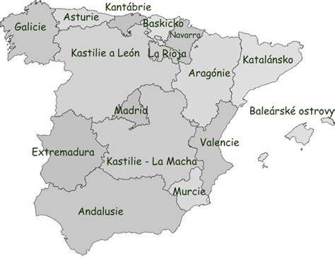 Mapa španělských autonomních oblastí a měst